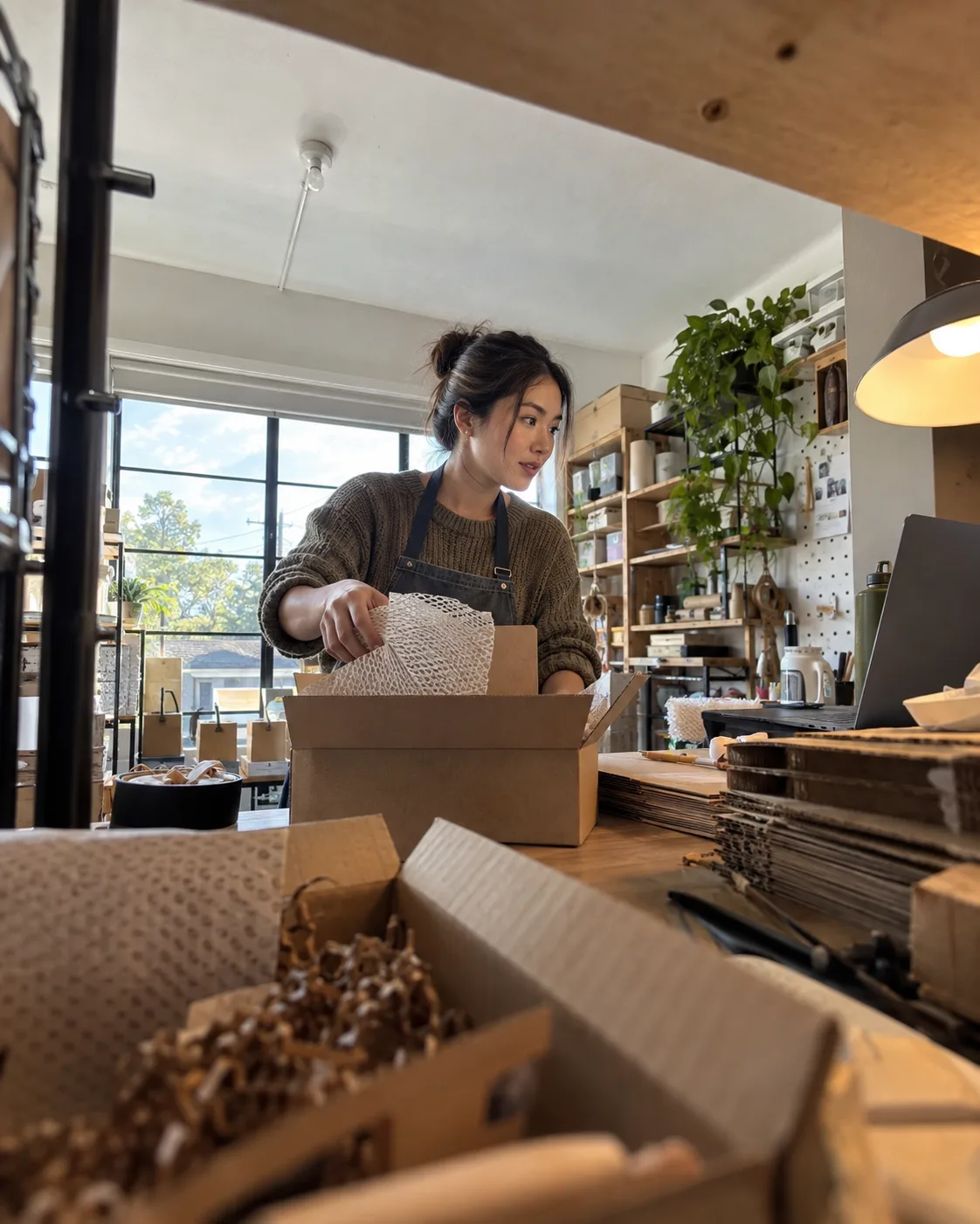 Independent ecommerce founder preparing customer orders in her studio