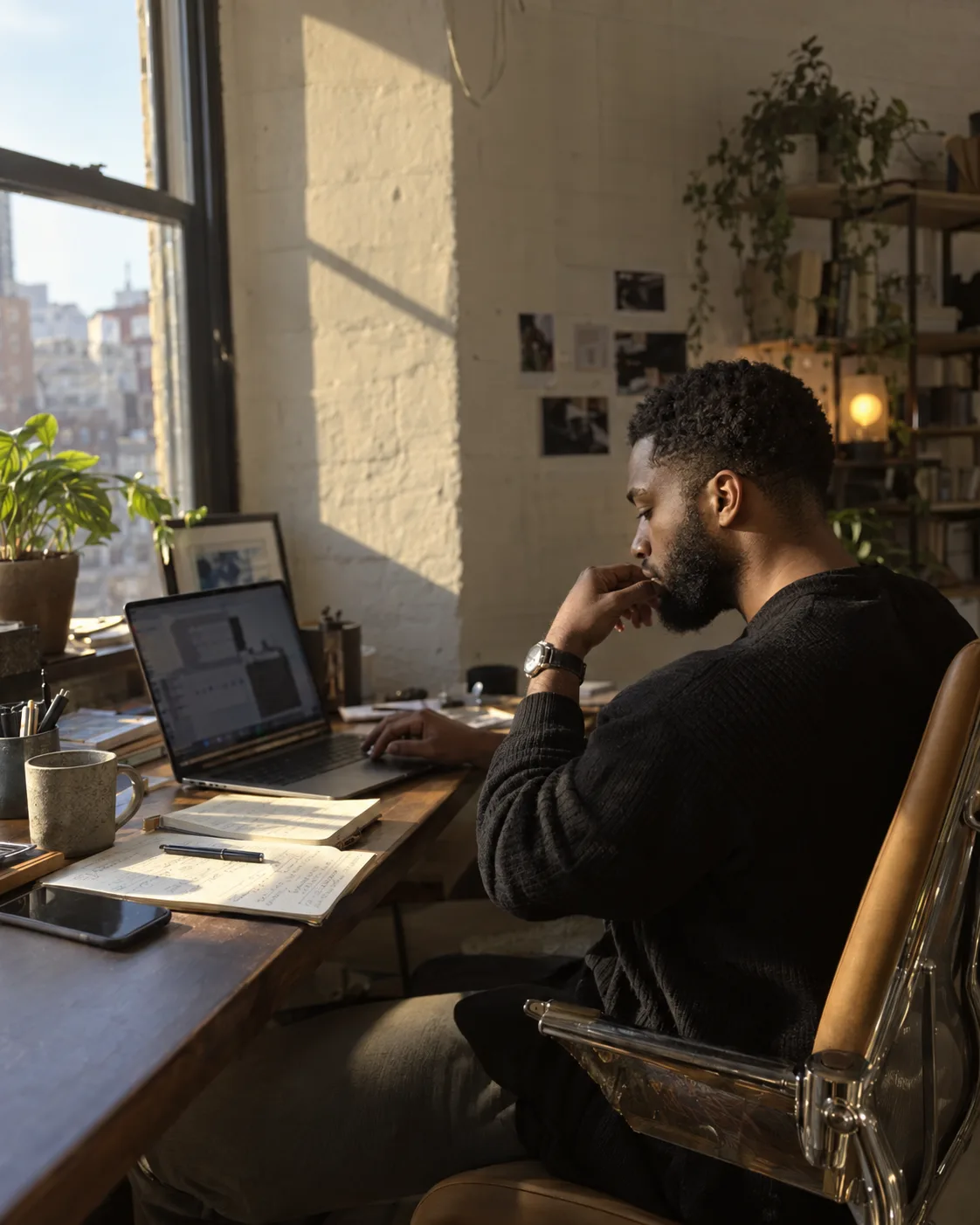 Paid media strategist reviewing market evidence in an independent studio