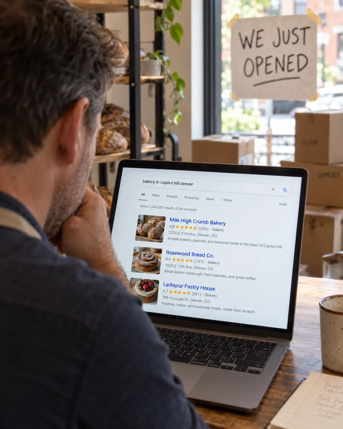El dueño de una tienda recién abierta mira los resultados de Google de su barrio y no ve su propia tienda