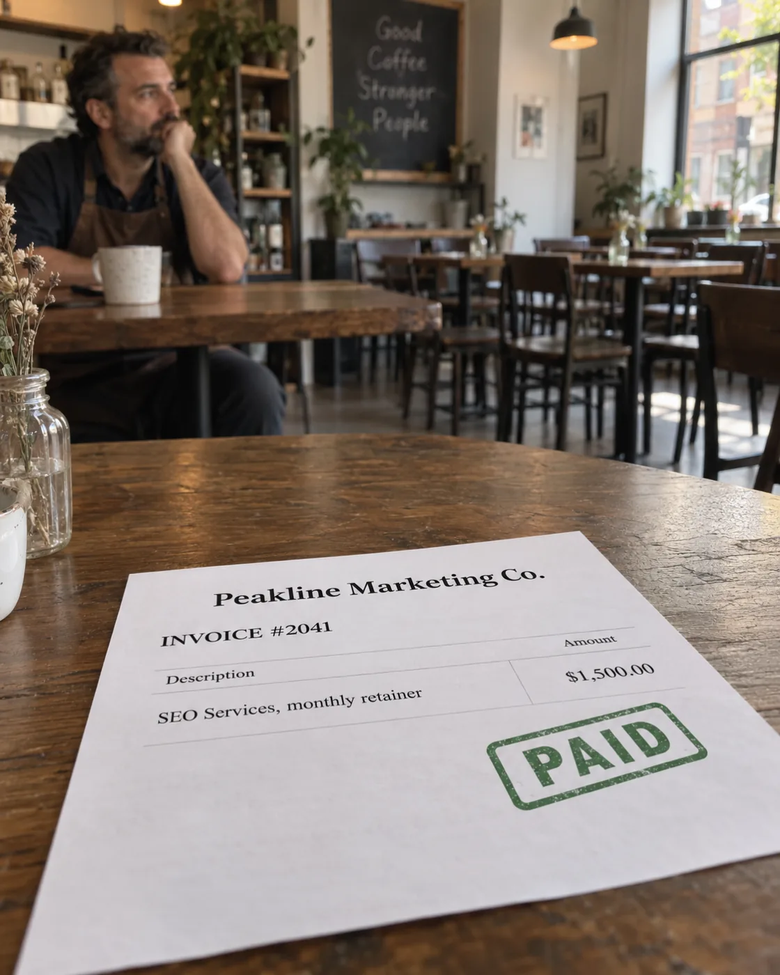 El dueño de una cafetería, sentado solo en un local vacío, junto a una factura pagada de $1,500 por servicios de SEO
