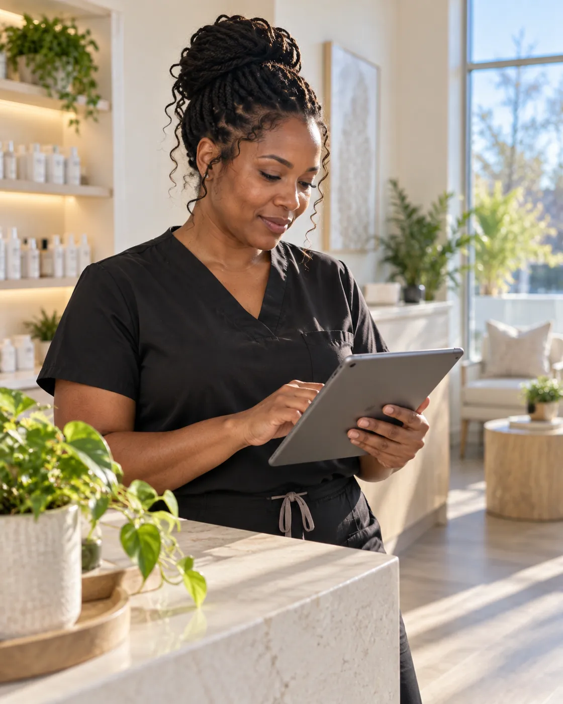 Med spa owner reading a tablet at her reception desk