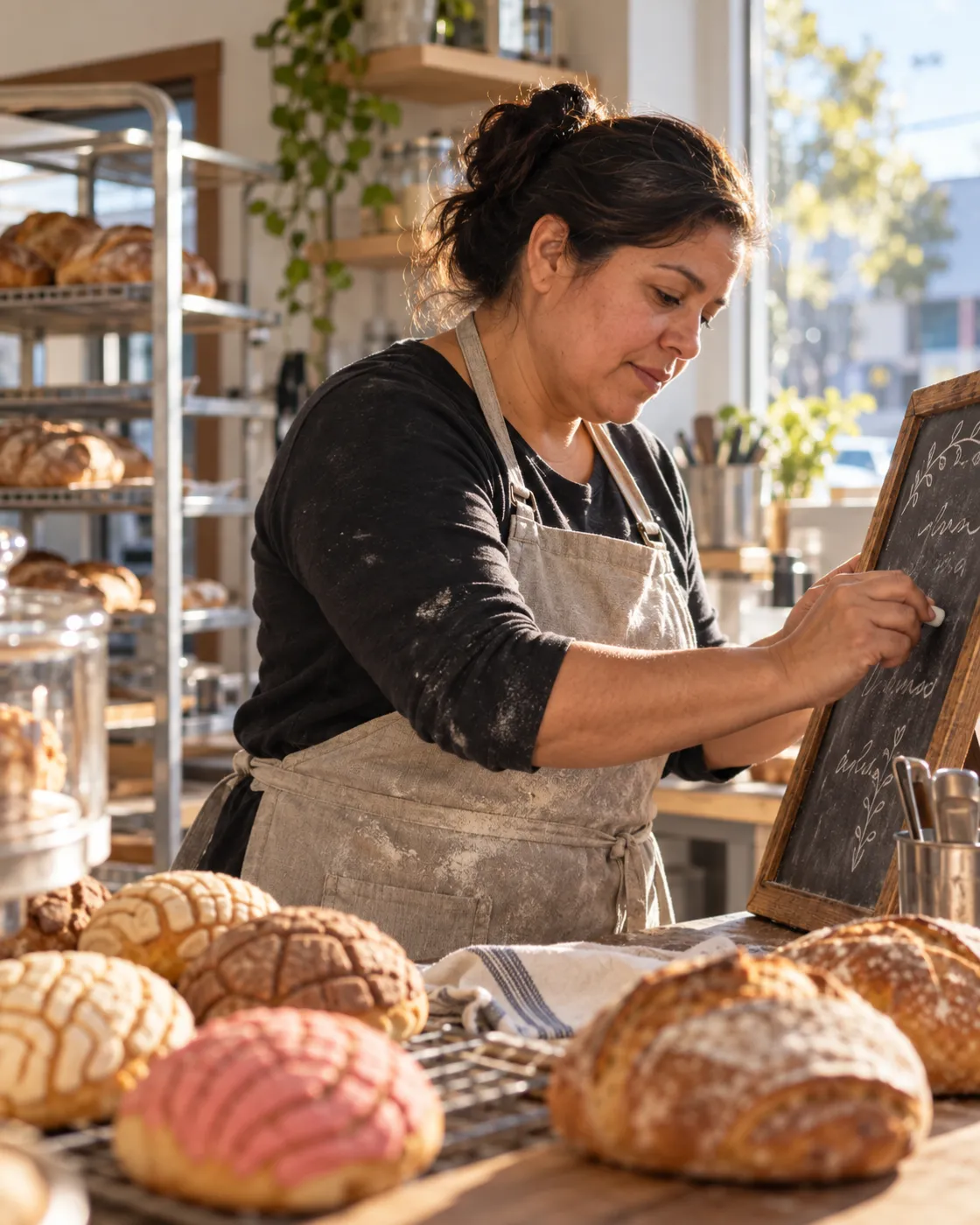 Bakery owner writing the day's specials on a chalkboard
