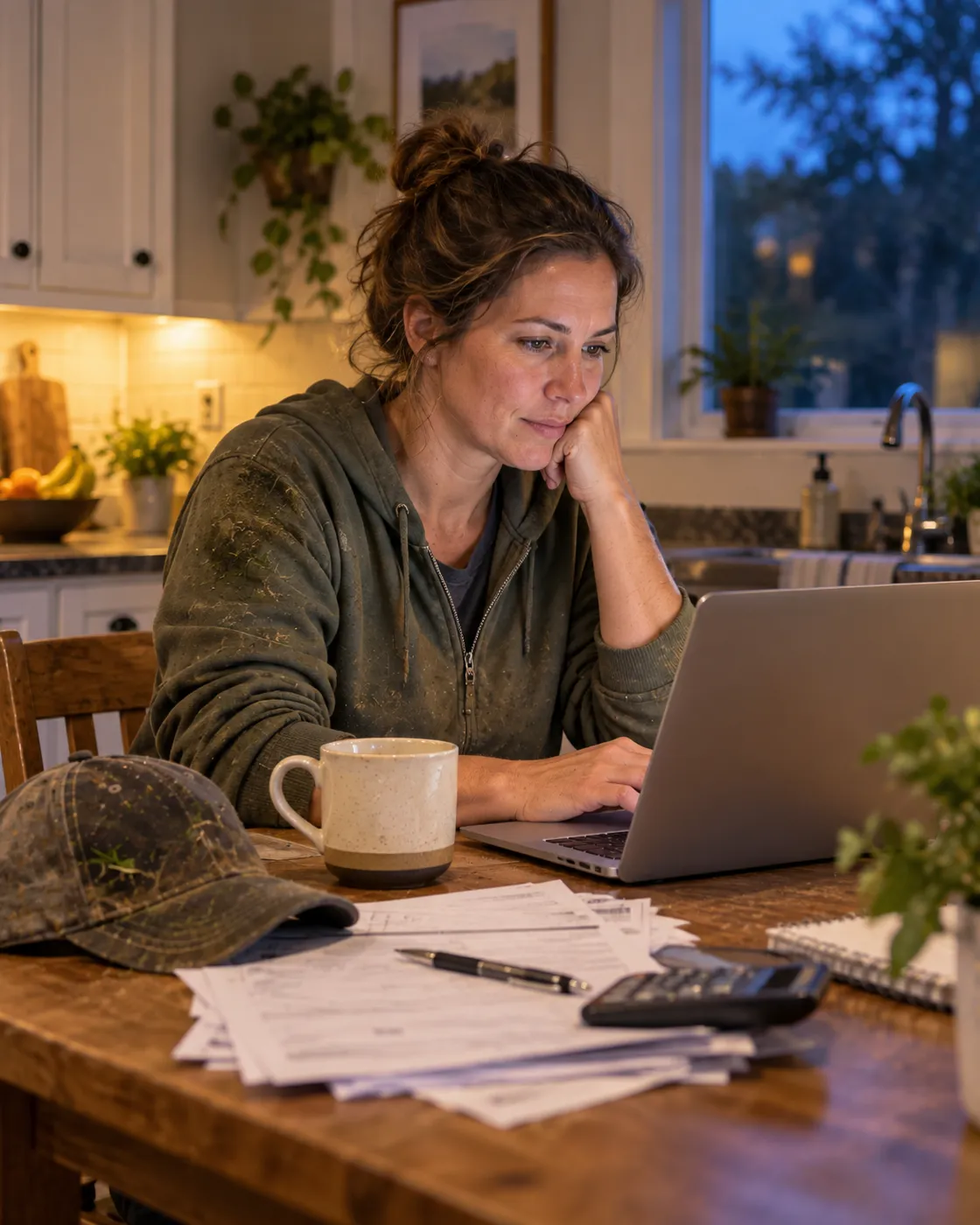 Landscaping company owner reviewing her website on a laptop at home