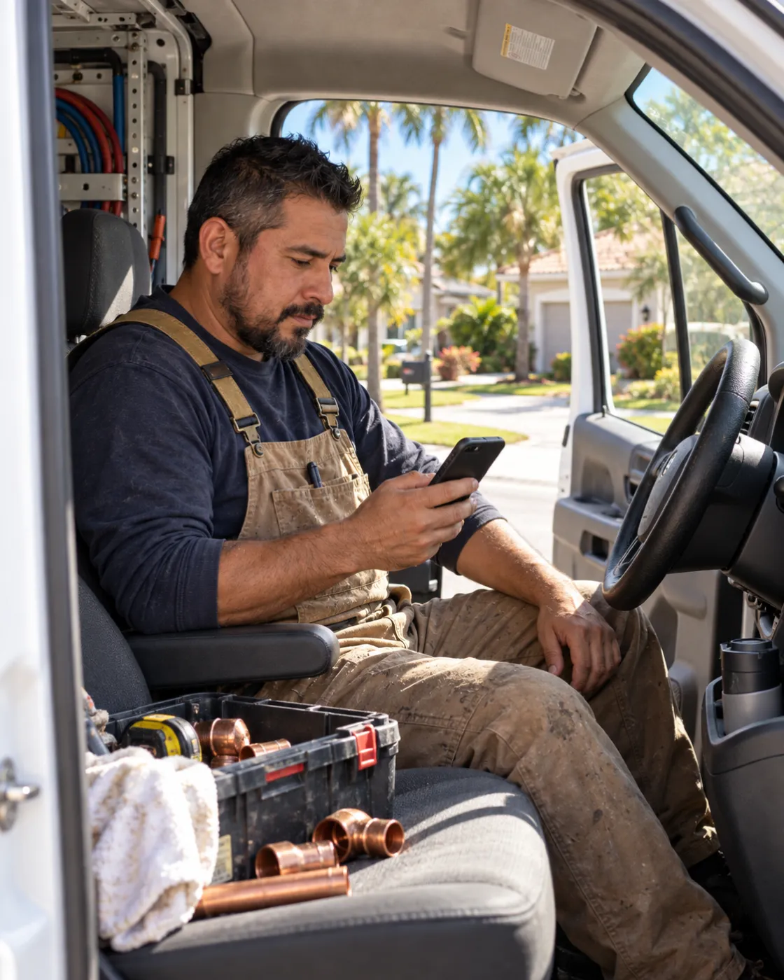 Plumber checking his phone in his work van between jobs