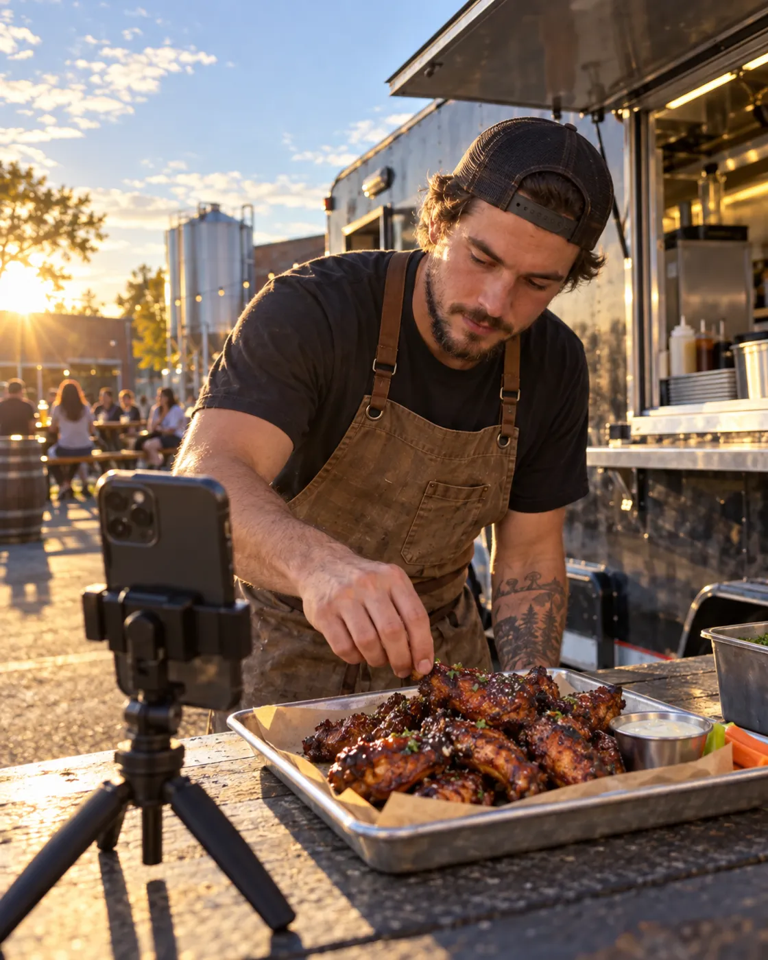 Food truck owner filming a short video of his food