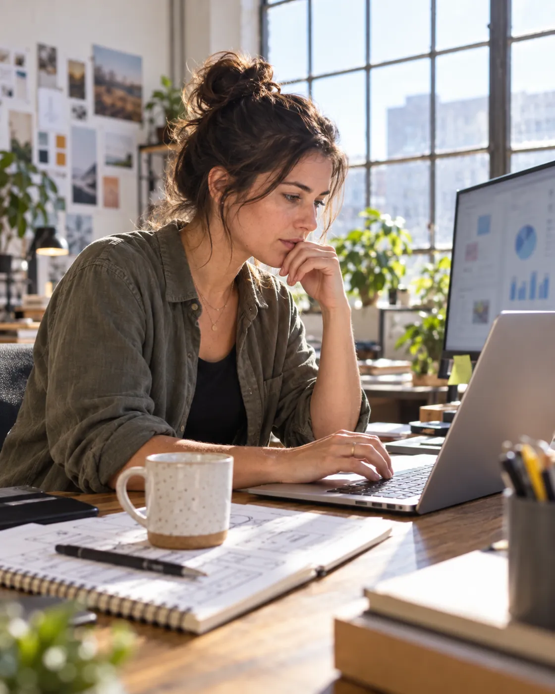 Freelance web designer working at her studio desk